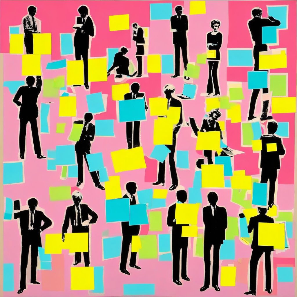 A styleish print of people overlayed with stickynotes - By Andrew Duckworth